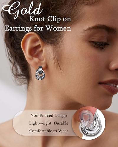 FIBO STEEL 1 Pair Clip On Earrings for Women Non Pierced Ears | Chunky Knot Link, Geometric Statement Colorful Dangle Clip Earrings, Trendy Jewelry Gift - color: Knot Grey
