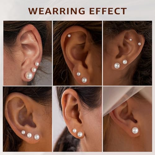 6 Pairs Hypoallergenic Flat Back Earrings for Women Girls,Stud Earring Set | Cartilage Earrings for Sensitive Ears,Cubic Zirconia Ball Pearl Earring,Screw Back Helix Conch Piercing Sets,Jewelry Gifts - color: Pearl-Sliver-Plated