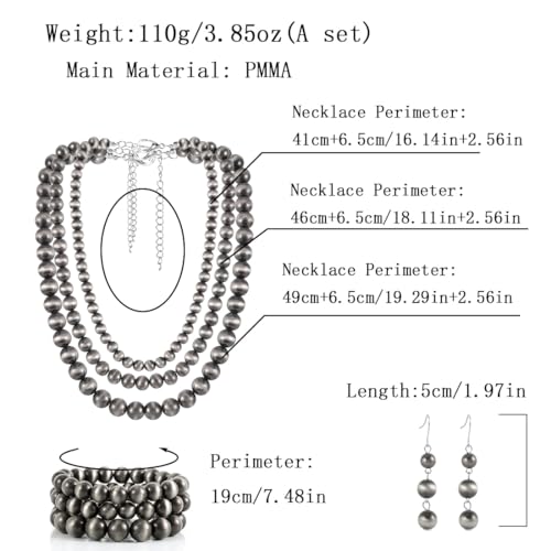 KOSMOS-LI Western Style Multi Layer Necklaces Bracelet Earrings Faux Pearl Cowgirl Beaded Women Jewelry Sets - color: grey21080