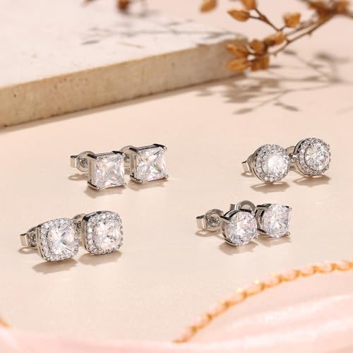 MILACOLATO S925 Sterling Silver Stud Earrings for Women Men Hypoallergenic 18K Gold Plated Cubic Zirconia Earrings Studs Brilliant Simulated Diamond Halo Earring for Sensitive Ears - style: 18K White Gold Plated - Medium Size CZ