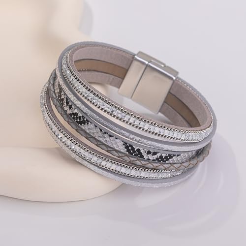 Boho Layered Leather Wrap Bracelets Chunky Western Country Hippie Jewelry | Stackable Bohemian Cowgirl Magnetic Clasp Cuff Bangle Set Fashion Stack Statement Festival Trendy Jewelry Gifts for Women - color: Silver