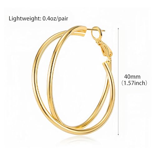 18K Gold Plated Crossover Double Hoop Earrings, 40mm Big Hoops | 925 Sterling Silver Post, Criss Cross X-Shape Loop, Lightweight Chunky Stackable, Everyday Trendy Statement Jewelry for Women - color: Gold