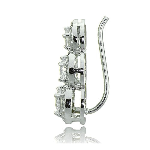 Sterling Silver Cubic Zirconia Three Stone Halo Crawler Climber Hook Earrings