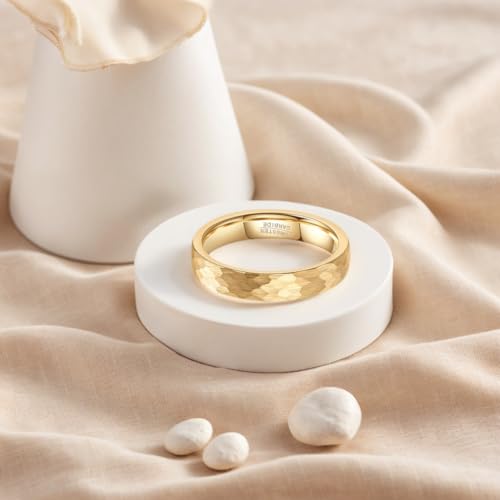 4-6mm Hammered Tungsten Wedding Band Matte for Men and Women | Matte Brushed Finish, Scratch and Fade Resistant, Engraved Faceted Pattern, Dome Profile, 4mm/6mm/8mm, Sizes 6–12 - color: 4mm Hammered Gold