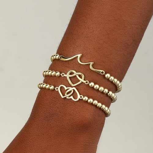Beaded Bracelets for Women 14K Silver Gold Plated Stretch Handmade Ball Bracelets Cute Charm Bracelet Dainty Stackable Cross Heart Bow Wave CZ Circle Trendy Jewelry Easter Gifts - color: knot-heart