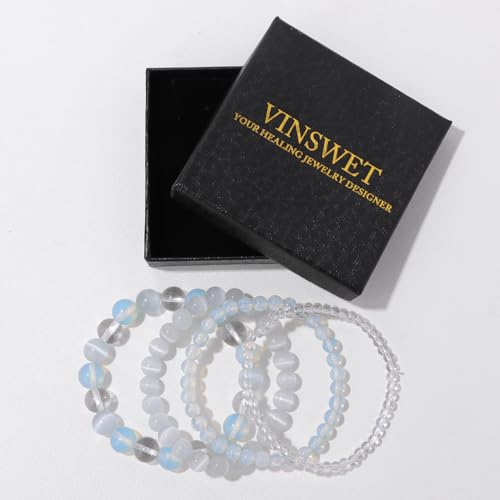 Vinswet 4pcs Beaded Bracelets for Women,Natural Healing Crystal Gemstones Bracelet,Anxiety Stress Relief Bracelet Handmade purple Jewelry Gifts for Women - color: Clear crystal&Opal&Cat Eyes