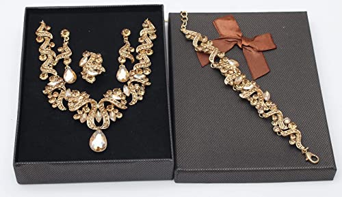 Jewelry Set for Women, Statement Necklace Dangle Earrings Bracelet Ring, White/KC Gold Plated Jewelry Set with Rhinestone Pearl Crystal Wedding Party Jewelry for Bridal Bridesmaid - color: Set001-Style2-Champagne-Gold Plated