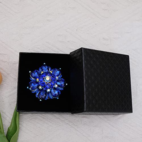 Flower Shape Crystal Cocktail Stretch Ring Party Prom Floral Statement Elastic Ring for Women - color: royal blue-gold tone