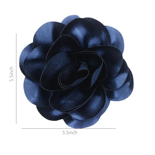 Large Rose Flower Brooches Chiffon Camellia Brooch Lapel Pins Hair Clips Hat Pins for Women Wedding Banquet Accessories Large Satin Flowers 5.5in - color: Navy Blue
