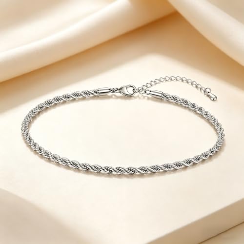 PICNHUAN Gold/Silver Ankle Bracelets for Women 14K Gold Plated Women's Anklets Silver Cuban Chain Anklet Waterproof Stainless Steel Anklet Summer Beach Foot Chain Jewelry Gifts for Women - color: Silver/ Twist