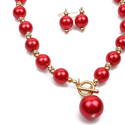 COLORFUL BLING Chunky Multicolor Simulated Pearl Choker Necklace Drop Dangle Earrings Bracelet Set Crystal Bib Big Large Round Beaded Strand for Women Brides Costume Statement 1920s Wedding Jewelry - color: Red