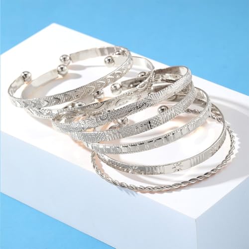 Gold Bangle Bracelets For Women Gold Plated Multi Layer Stackable Cuff Bracelet Set Non Tarnish Trendy Jewelry Gift - color: Silver 7pcs