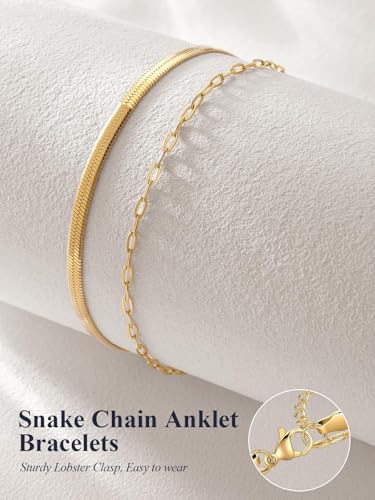 U7 Silver/Gold/Black Ankle Bracelets for Women Layered Chain Anklets | Stainless Steel Anklets Waterproof Summer Beach Anklet Charm, Adjustable 8.5"-10.5",Layered Anklet Fashion - color: Gold - Flat Snake Chain+Paperclip Chain