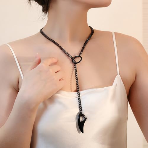 Heart O Ring Slip Chain Choker Necklace for Women Men Stainless Steel Cuban Chain Y-shape Necklaces Punk Rock Collar Adjustable Lariat Y Necklace Prom Necklaces Jewelry - color: Black tooth