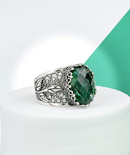 Filigranist 925 Sterling Silver Filigree Art Lace Embroidery Tulip Detailed Gemstone Women Cocktail Ring, Luxurious Gift Boxed - color: Emerald