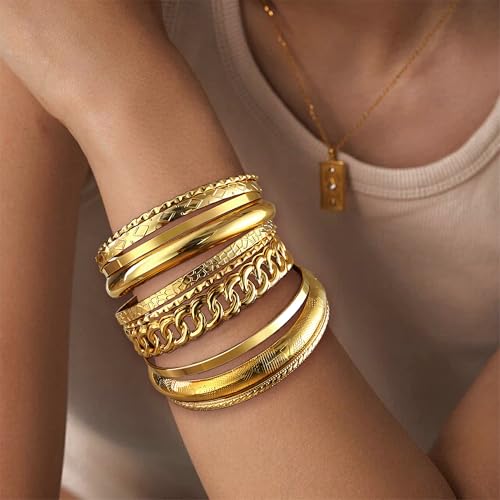ÌF ME Gold Bangle Bracelets for Women, Indian Bangles Stackable Set, Multi Layer Textured 18K Gold Plated Chunky Bracelets Boho Jewelrys Set - style: E-6 PCS adjustable bangles