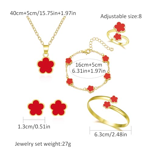Clover Jewelry Set for Women Non Tarnish Gold-Tone Five Leaf Clover Necklace, Earrings, Ring, Bracelet Fashion Simple Floral Jewelry Set - color: Red