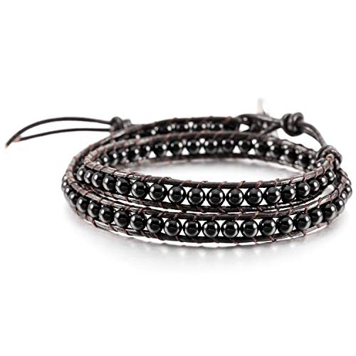 Boho Bracelets Adjustable Rope Buckle Handmade Leather-Wrapped Bracelet Jewelry Bohemian Style Bracelets Natural Stone Wrap Bracelets Variety Beads Strand Bracelet - color: Black
