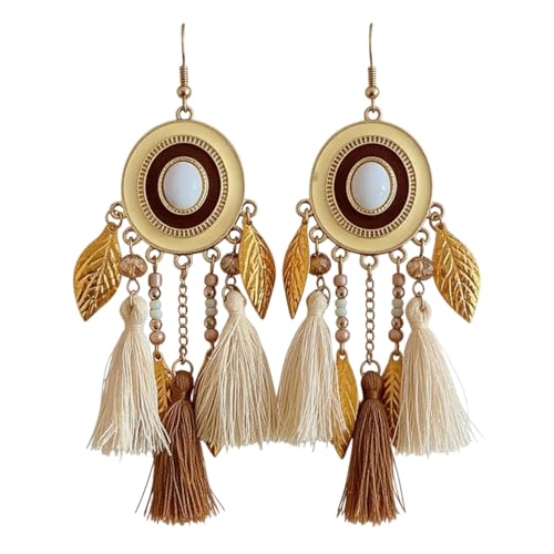 Women Boho Vintage Dangle Tassel Earrings Beach Cute Feather Layered Leaf Fringe Long Drop Earrings