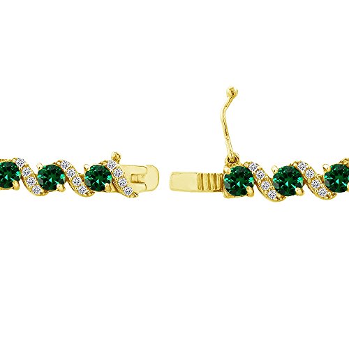 B. BRILLIANT Sterling Silver Genuine, Created or Simulated Gemstone Round S Design Tennis Bracelet for Women - color: Simulated Emerald - Gold Flash