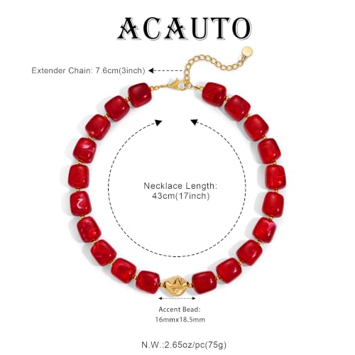 Chunky Beaded Necklace for Women,Square Resin beads boho Choker Necklace with gold-tone spacers,Fashion Trendy Summer Beach Party Necklaces Handmade Surfer Beach Necklaces Jewelry Gifts - color: Red