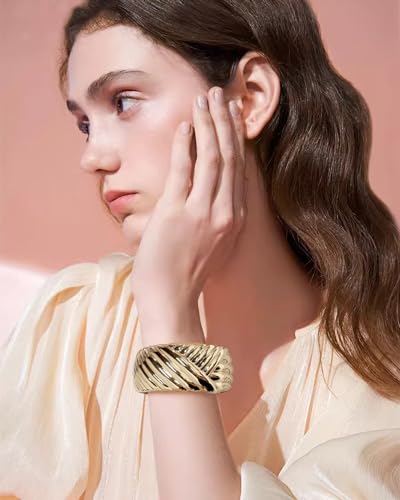 Dainty Twist Stripe Wide Chunky Bangle Bracelets for Women Minimalist Classic 14K Yellow Gold Plated Oval Cuff Wrist Open Bangles Statement Unique Design Fashion Trendy Jewelry Gift
