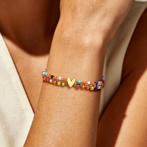 Beaded Bracelet for Women, Double Layer Colorful Seed Bead Bracelet with Heart Charm, Handmade Boho Stackable Bracelet, Adjustable Friendship Jewelry Gift for Women