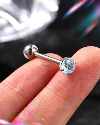 G23 Solid Titanium Tongue Ring Barbell 14G Firework CZ Bar Tongue Rings Surgical Steel Toungue Piercing - color: Blue