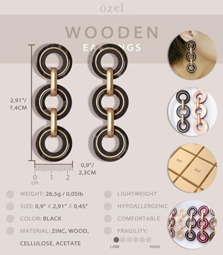 Ozel - Natural Wooden Acrylic Boho Drop Dangle Earrings for Women - Geometric Statement Jewellery - Brown, Black, Magent Red, Olive Green, White beige - color: 3Circle_Black