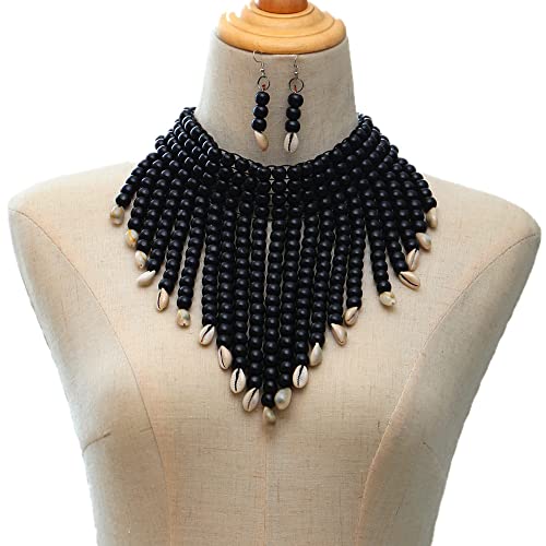 Wooden Beaded Seed Bib Necklace and Earrings Set for Women,Statement African Boho Layering Chunky Collar Choker Set - color: Black