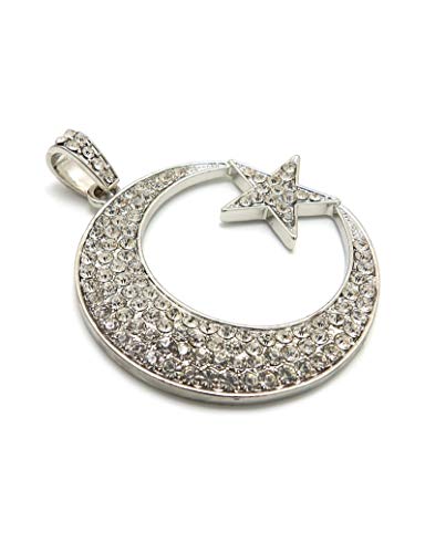 Fashion 21 Unisex Iced Out Crescent Moon & Star Pendant 24" Various Chain Necklace in Gold, Silver Tone - color: Silver / Pendant Only