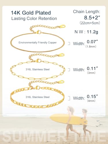 ChainsPro Stainless Steel Waterproof Anklet for Women, Adjustable Non Tarnish Layered Anklets, Trendy Dainty Cuban Link Ankle Bracelet Beach Jewelry Gifts for Swimming & Daily Wear (8.5+2 inches) - style: 3pcs-Style-B-Gold