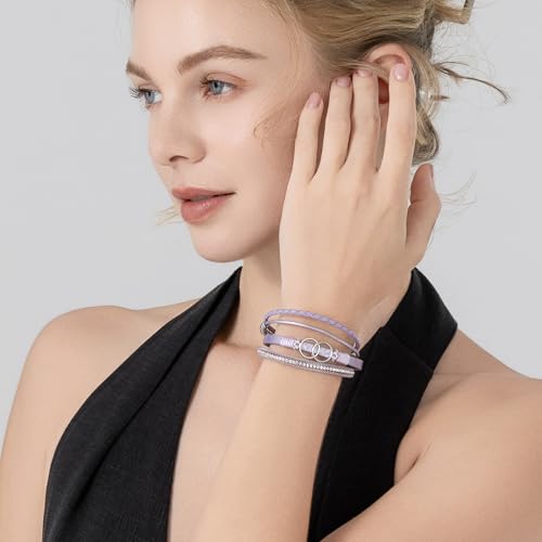 Chunky Boho Leather Wrap Bracelets Cowgirl Beaded Circle Western Jewelry | Stackable Infinity Layered Bohemian Magnetic Clasp Cuff Statement Fashion Colorful Country Hippie Outfits for Women Trendy - color: Purple