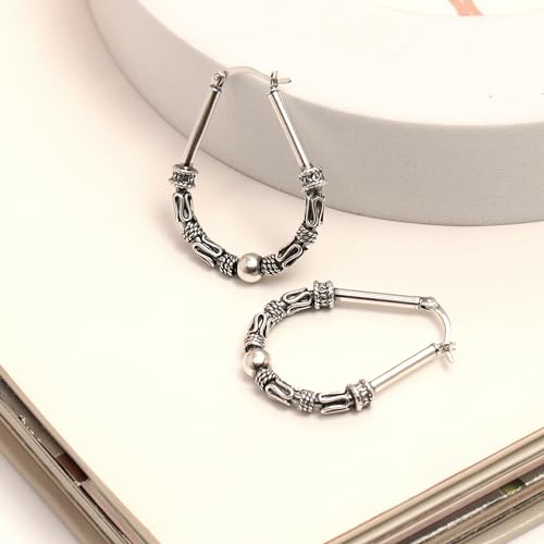 LeCalla 925 Sterling Silver Hoop Earrings for Women | Italian Design Classic Diamond-Cut Textured Hoops Earring | Women's Oval Drop Shape Silver Earring Jewelry - color: Bohemian Tribal Bali