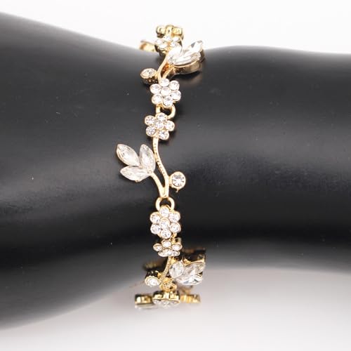 Brides Bridesmaid Flower Leaf Choker Necklace Dangle Earrings Link Bracelet Austrian Crystal Wedding Jewelry Set for Prom Costume Party Accessories for Woman - color: Crystal-Gold Plated