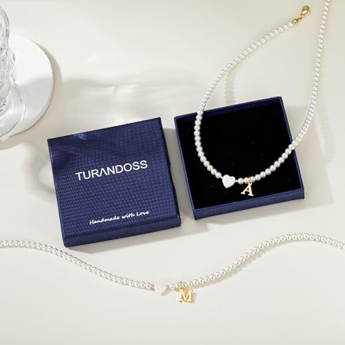 Turandoss Pearl Initial Necklaces for Women Trendy, Dainty 14K Gold Plated Heart Initial Pearl Pendent Necklace Bridesmaid Proposal Jewelry Personalized Gifts for Women Girls - color: S-1