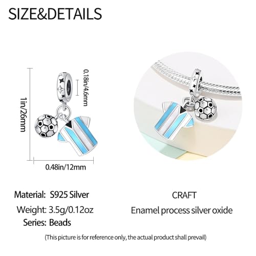 Pandach 925 Sterling Silver Charms for Bracelet&Necklace Dangle Pendant Bead with 5A Cubic Zirconia Stones,Jewelry Beads Gifts for Women - style: Argentina Football Charm