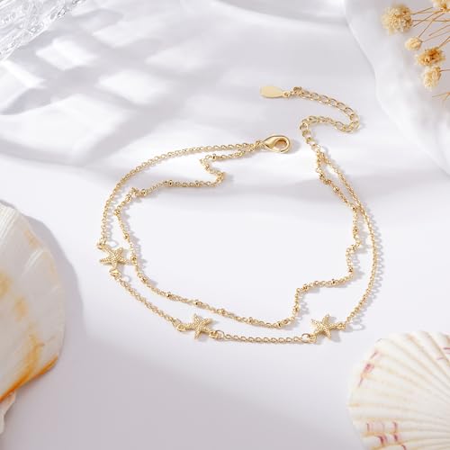 Anklets for Women Waterproof 14K Gold Plated Beach Ankle Bracelets Dainty Summer Bow Clover Heart Evil Eye Anklet Non Tarnish Layered Beach Cz Jewelry Accessories for Women Trendy - color: Gold-Starfish