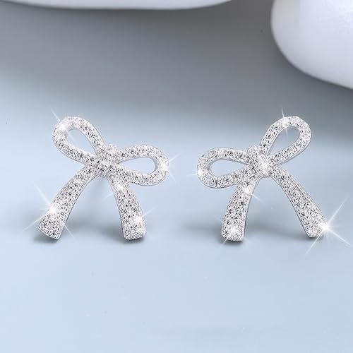 Gold Bow Earrings for Women, Long Tassel Chain Drop Earrings, Trendy Small Bow Earrings, Ribbon Waterfall Dangling Earrings, Pearl Bow Earrings, Sparkly Elegant Bowknot Preppy Jewelry Gifts for Women - color: Bow Silver-I