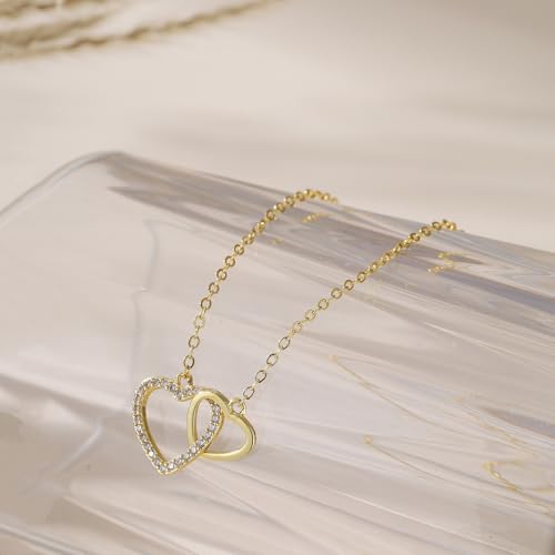 Gold Necklace for Women, 14K Gold Plated Cubic Zirconia Pendant Necklace, Dainty Heart Moon Circle Paperclip Jewelry for Layering, Everyday Birthday Gift - color: Gold Interlocking Heart