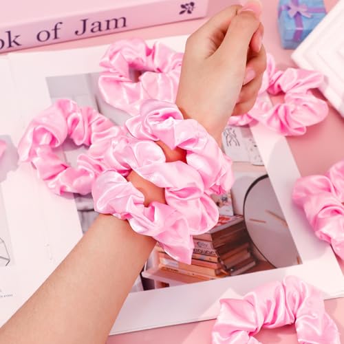 KICOSY 12PCS Light Pink Hair Scrunchies - Bulk Pink Satin Hair Ties for Girls - Pink Hair Accessories & Party Favors - color: light pink