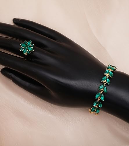 CSY Elegant Bridal Jewelry Sets Wedding Prom Homecoming Gown Accessories | Austrian Marquise Crystal Wedding Necklace Dangle Earrings Tennis Bracelet Ring Set for Bride Women Costume Accessories - color: green crystal-gold tone