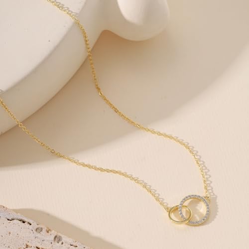 Gold Necklace for Women, 14K Gold Plated Cubic Zirconia Pendant Necklace, Dainty Heart Moon Circle Paperclip Jewelry for Layering, Everyday Birthday Gift - color: Gold Interlocking Circle