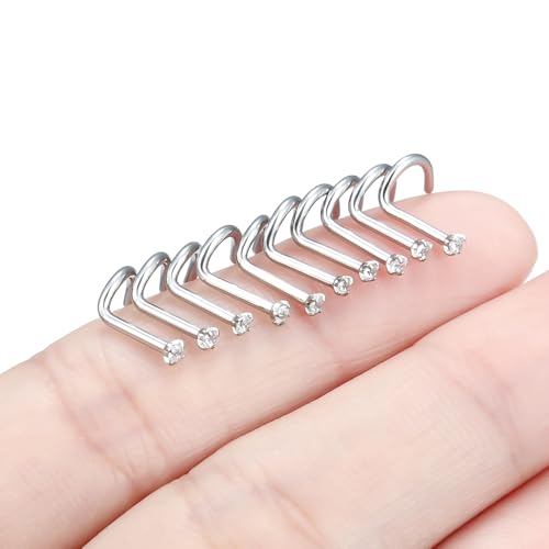 Nose Studs Surgical Steel Nose Rings Studs with Cubic Zirconia 10Pcs Tiny Nostril Rings for Women Screw Bone and L-Shaped Nostril Piercing Jewelry 24G 22G 20G 18G - color: silvertone,screw nose studs, size: 18g,1.5mm Clear CZ