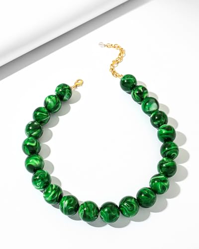 Chunky Beaded Choker Necklace for Women Boho Statement Necklace with Large Pearl Blue Brown Tone Resin Beads Summer Beach Jewelry Gifts - color: Emerald Green