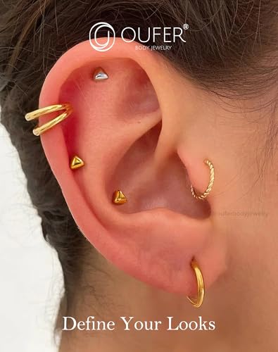 OUFER G23 Titanium Threadless Labret Studs – Flat Back Push Pin Earrings for Tragus, Helix, Monroe, Conch, Lip Piercing – 16G/18G, 6MM/8MM - color: Gold-Tri, size: 16g 6mm
