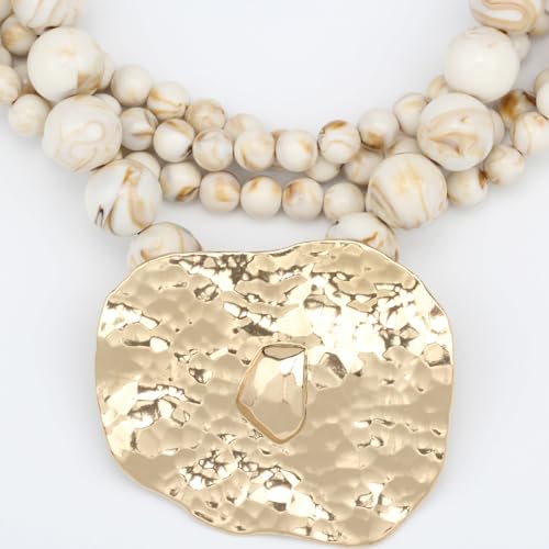 Multi Strand Bead Pendant Necklace for Women Stone Wood Pearl Jewelry | Gold Color Metal Charm Fashion Ethnic Tribal Elegant Statement - color: N1537-white