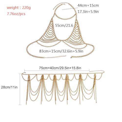 Chain Bra Rave Outfits for Women Gold Chain Skirt Layered Body Chain Set Bra Jewelry Beach Belly Chains (Bra + Skirt)