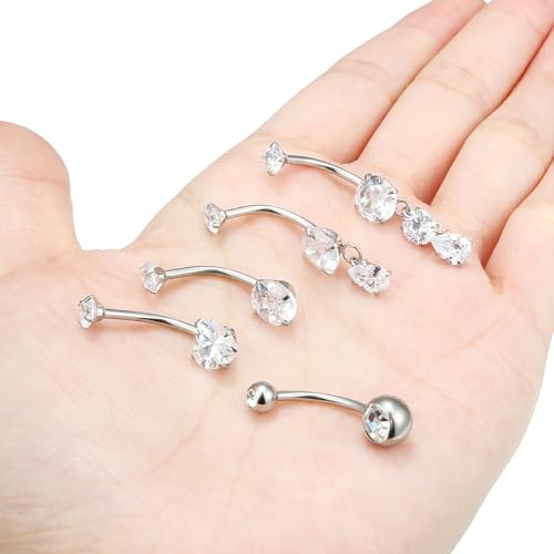 Vsnnsns 14G Dangle Belly Button Ring Piercing Jewelry 316L Stainless Surgical Steel Round Heart Cubic Zirconia Navel Rings Dangling Belly Button Ring Piercing Jewelry for Women 14 Gauge Hypoallergenic - color: Silver-16MM Bar-Clear CZ