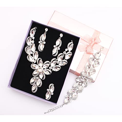 Jewelry Set for Women Rhinestone Austrian Crystal Statement Flower Necklace Link Bangle Bracelet Dangle Earrings Rings Allergy Free Wedding Party Jewelry Set for Bridal Bridesmaid - color: White-Platinum Plated